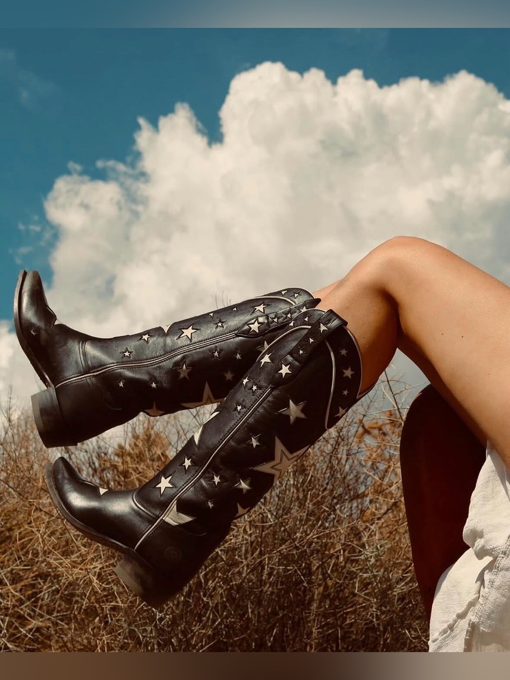 Ranch Road Presidio Black White Star Tall Leather Western Cowgirl Cowboy Boots - Picture 14 of 16